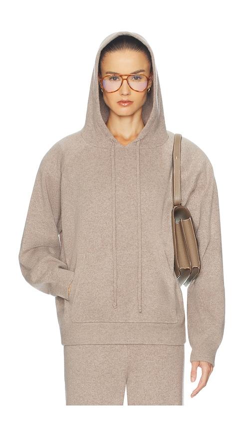 helsa saylor cashmere knit hoodie in taupe.