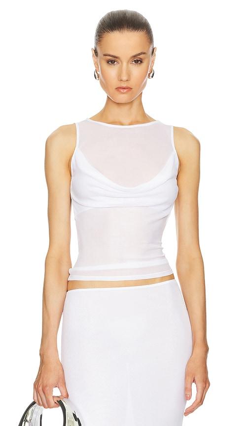 helsa sheer knit draped top in white.