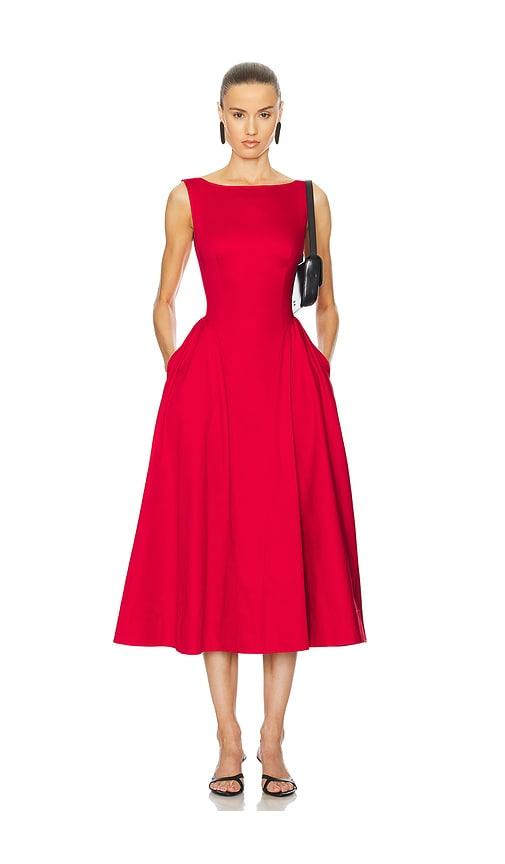 helsa stretch cotton sateen midi dress in red.