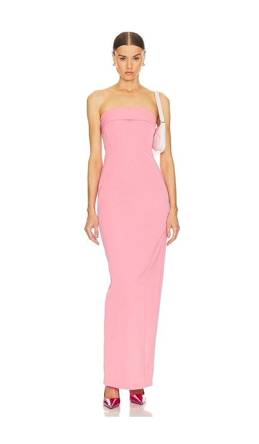 helsa tech gabardine long strapless dress in pink.