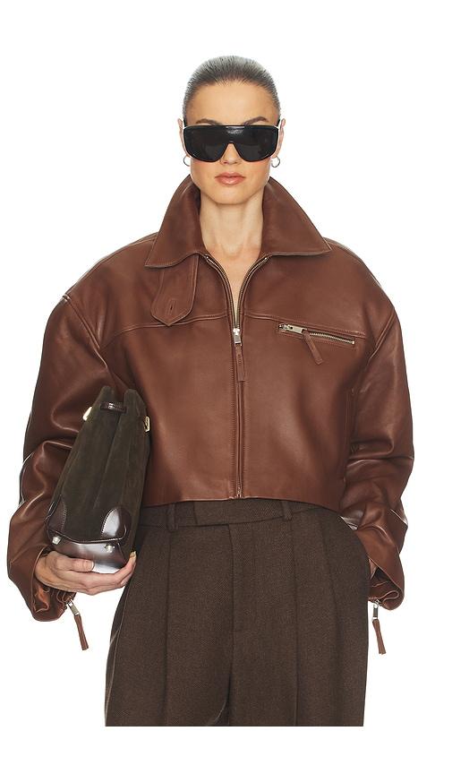 helsa the leather oversized moto jacket in smooth leather in brown.