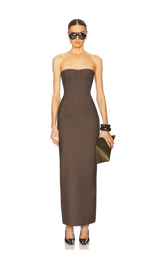 helsa the linear suiting dress in brown.