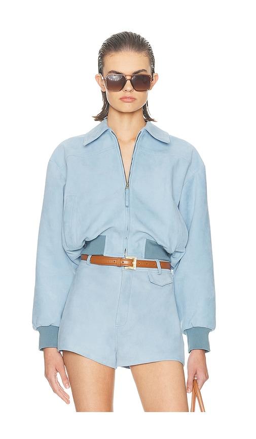 helsa the suede zip bomber in baby blue.