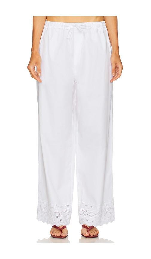 helsa the summer pant with vintage swiss embroidery in white.