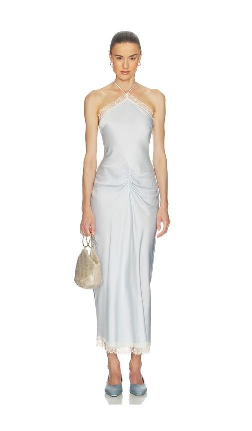 helsa viscose satin dress with lace in baby blue.