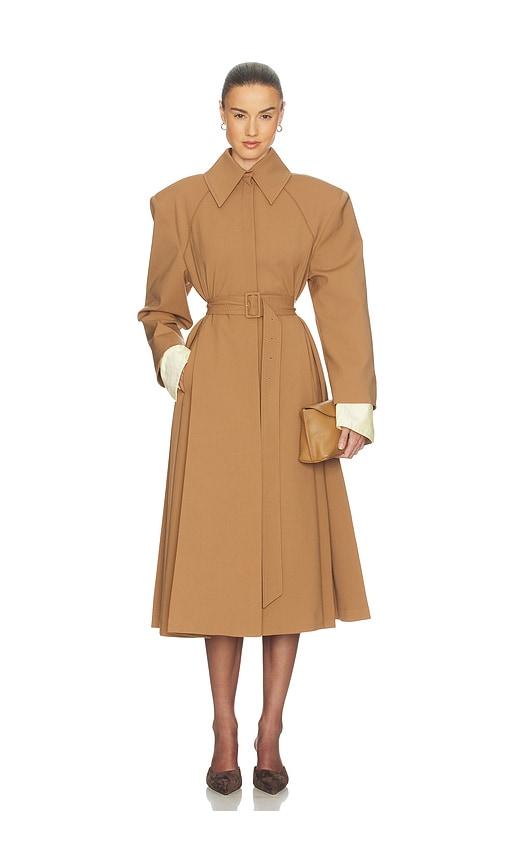 helsa wool blend midi trench in tan.