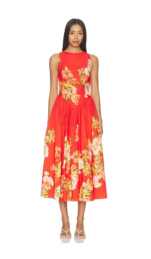 hemant and nandita boat neck midi dress in orange.