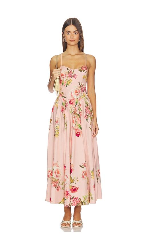 hemant and nandita corseted midi dress in peach.