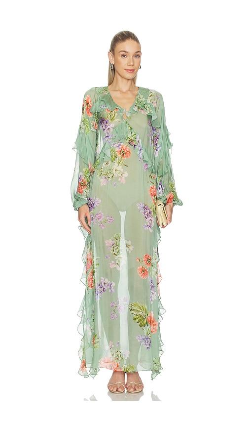 hemant and nandita long ruffle kaftan in green.