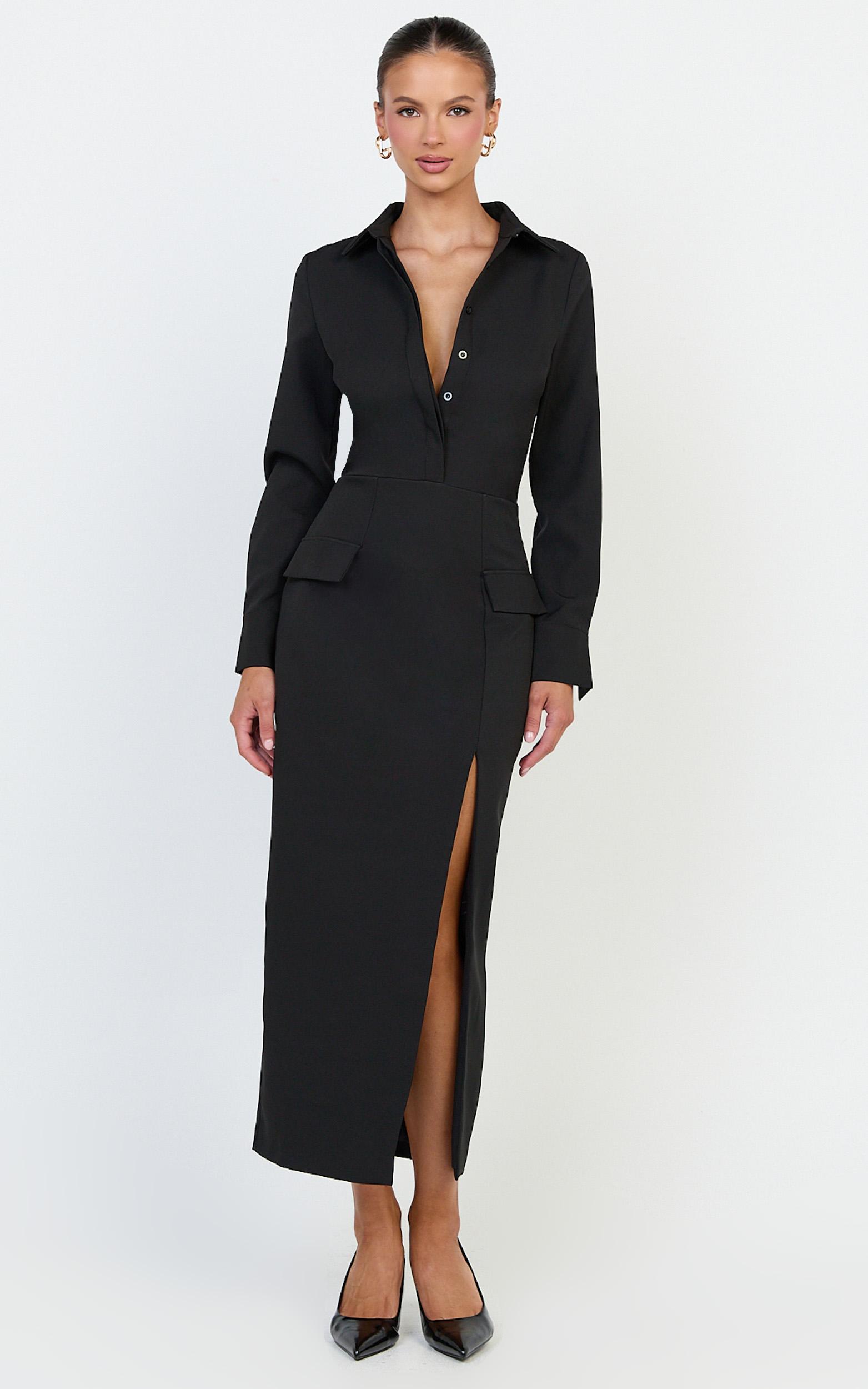 henley midi dress - long sleeve fitted shirt dress in black