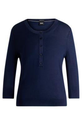 henley-neck sweater in merino wool- dark blue women's sweaters