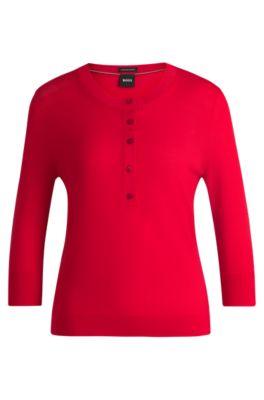 henley-neck sweater in merino wool- red women's sweaters