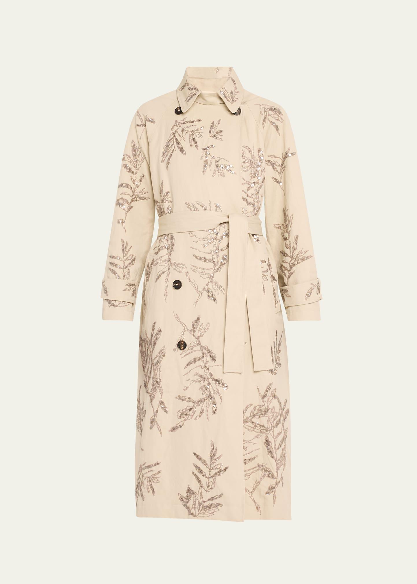 herbarium paillette embroidered belted trench coat