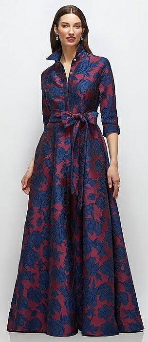 heritage floral jacquard shirt dress gown with sash and jeweled buttons