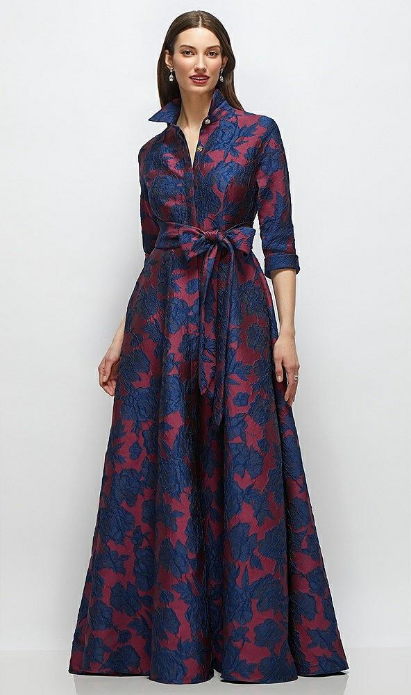 heritage floral jacquard shirt dress gown with sash and jeweled buttons
