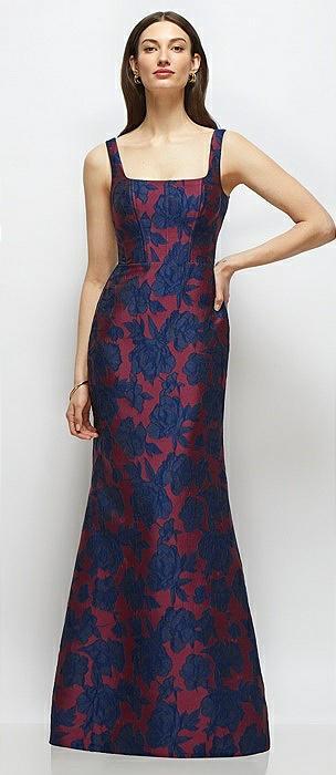 heritage floral jacquard square neck maxi dress with trumpet skirt