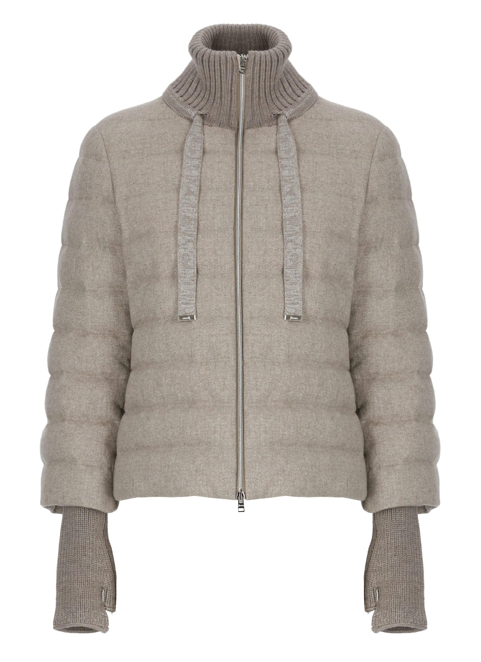herno beige down jacket with drawstring high neck and removable gloves in tech fabric woman