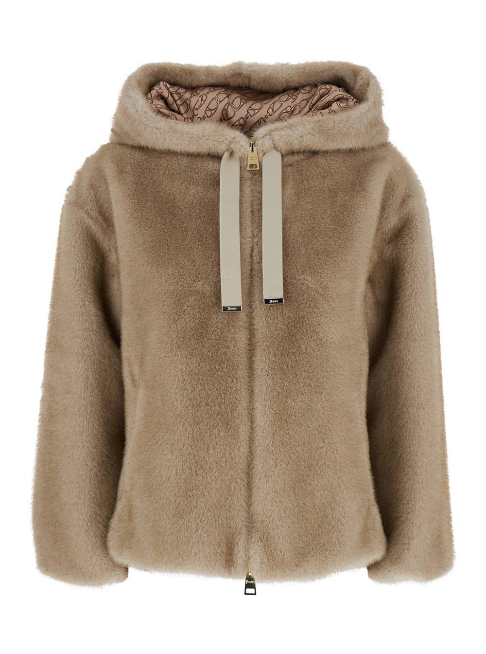 herno beige jacket with drawstring hood in ecofur woman