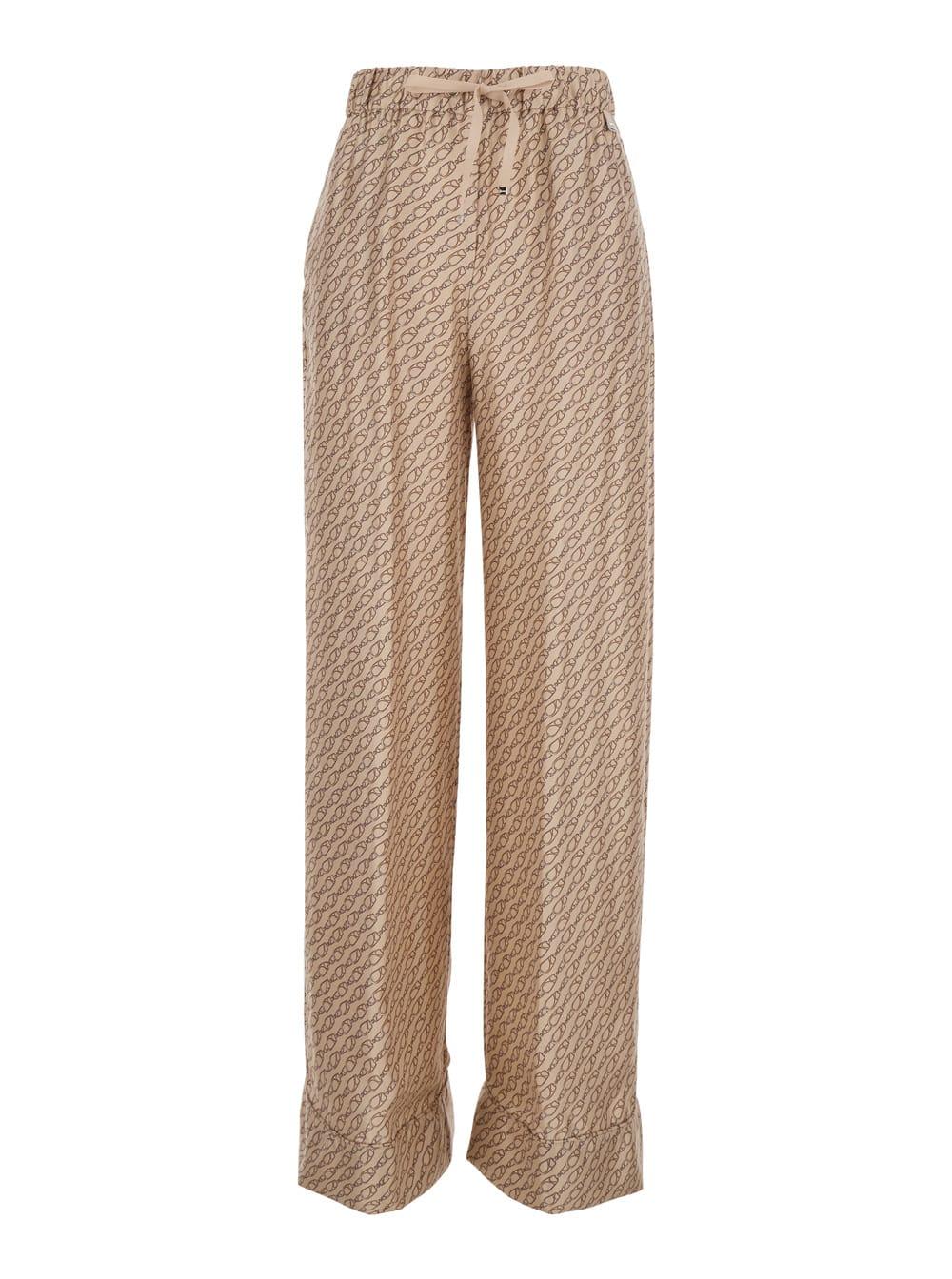 herno beige silk pants with elastic drawstring waist and all-over print woman