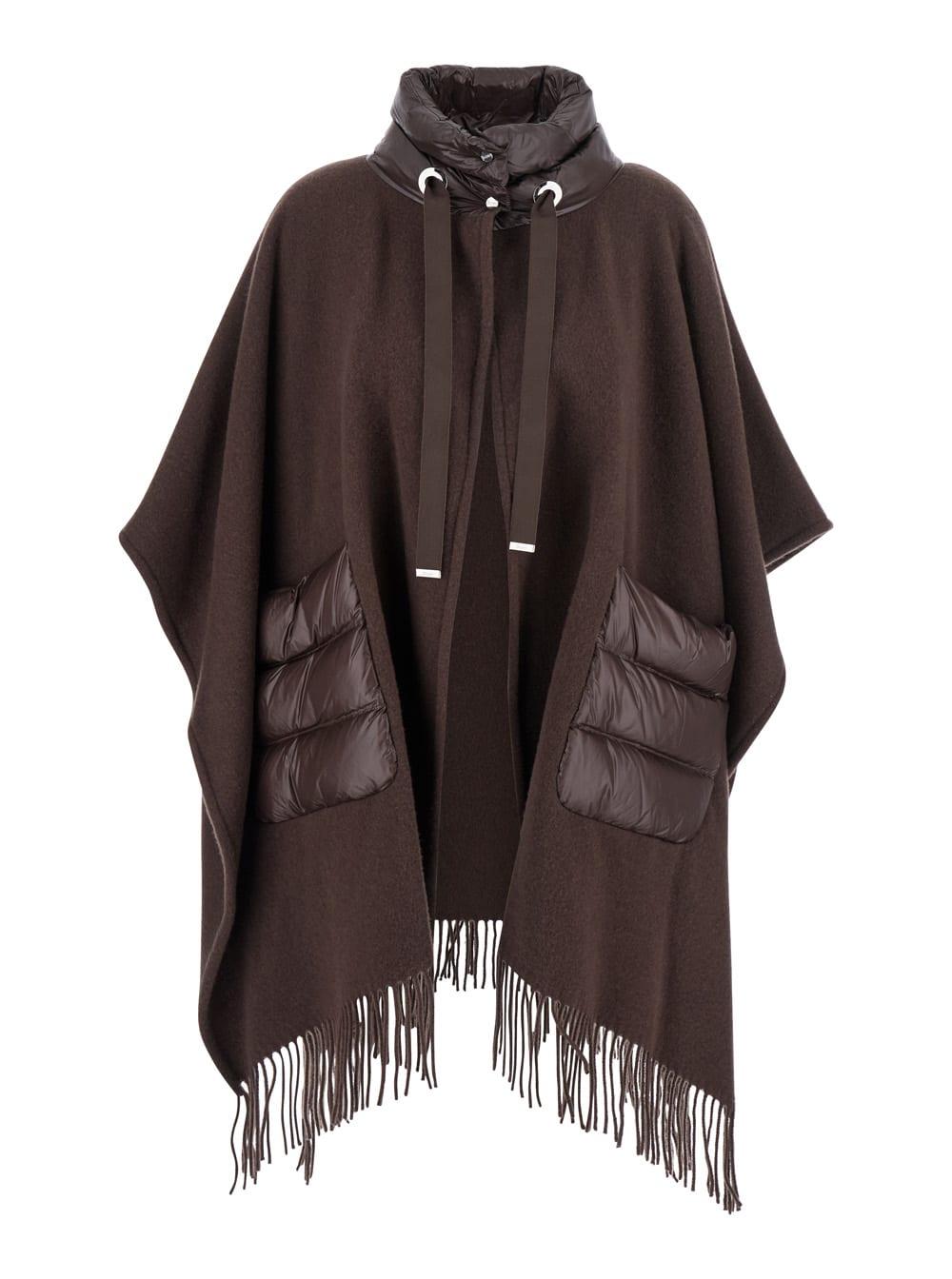 herno brown cape with drawstring collar and fringed hem in tech fabric woman