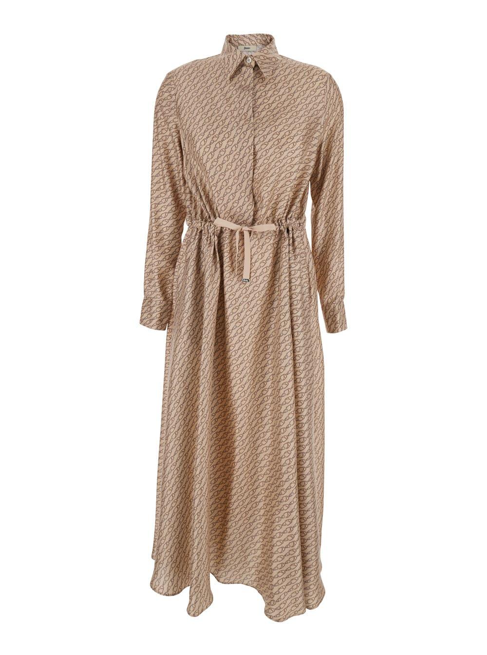 herno dress ab000062d16009p1985 beige with classic collar and all-over silk print for women