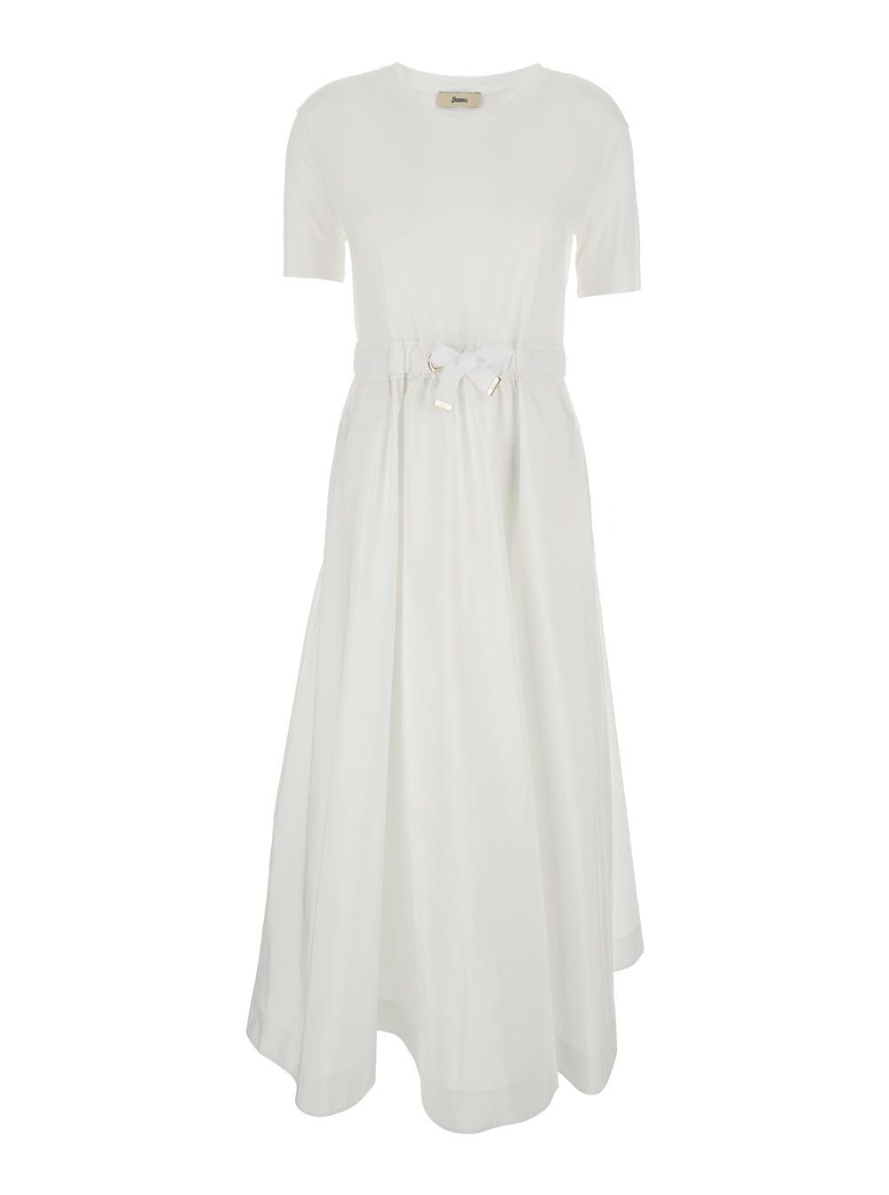 herno long dress with bow on the front in white tech fabric for women