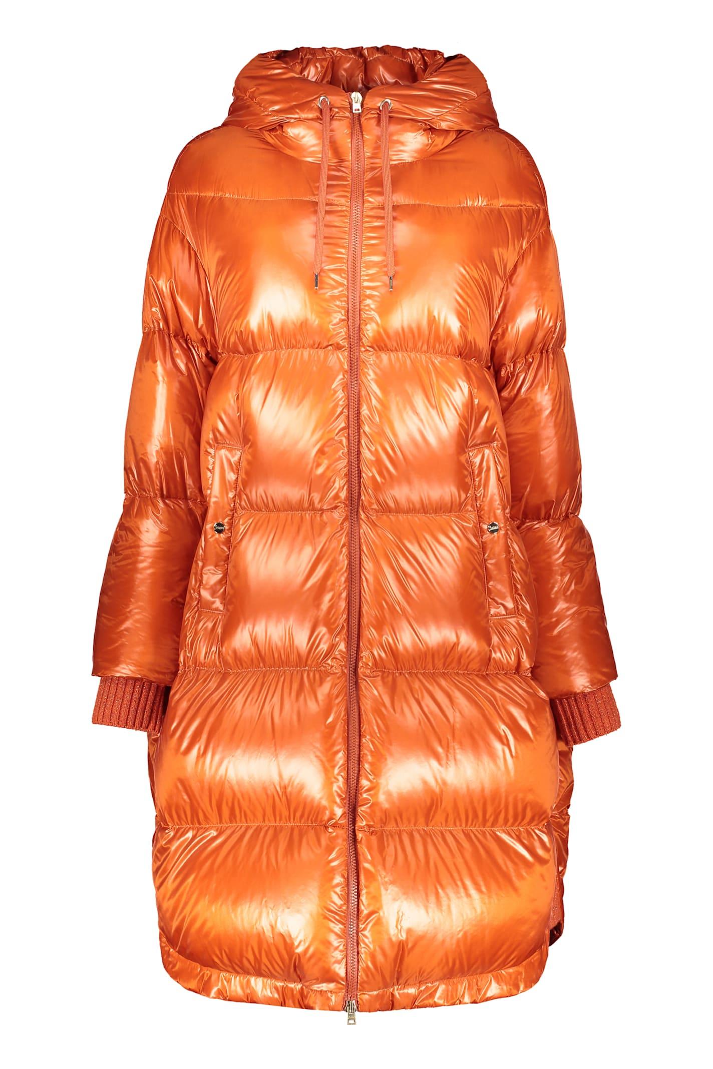 herno orange down jacket with hood and pockets