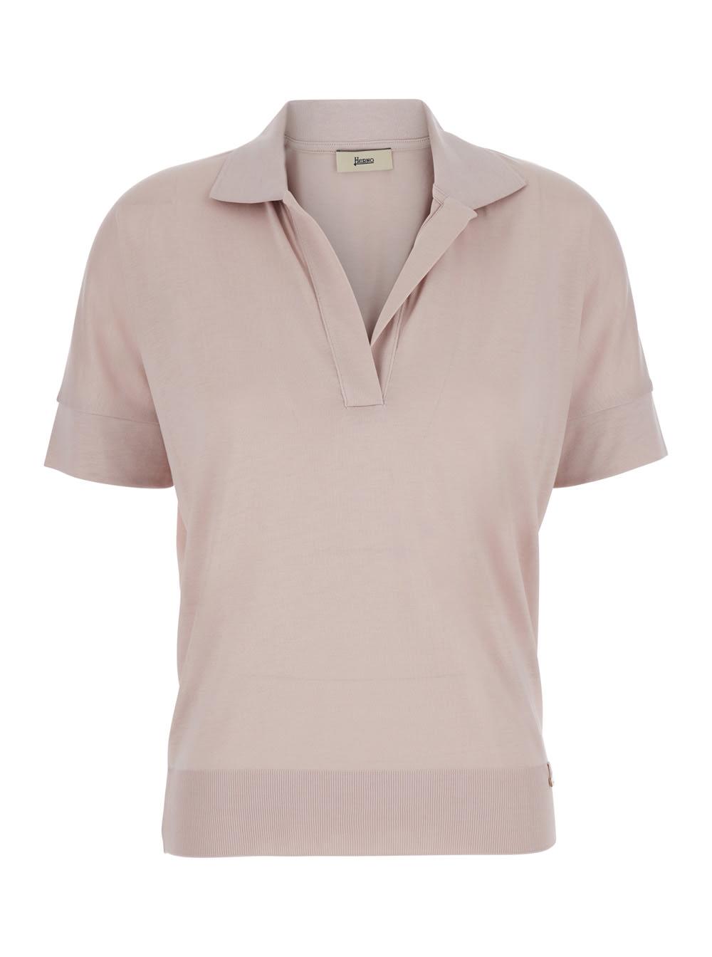herno polo lyocell cotton with ribbed collar and short sleeves in pink for women
