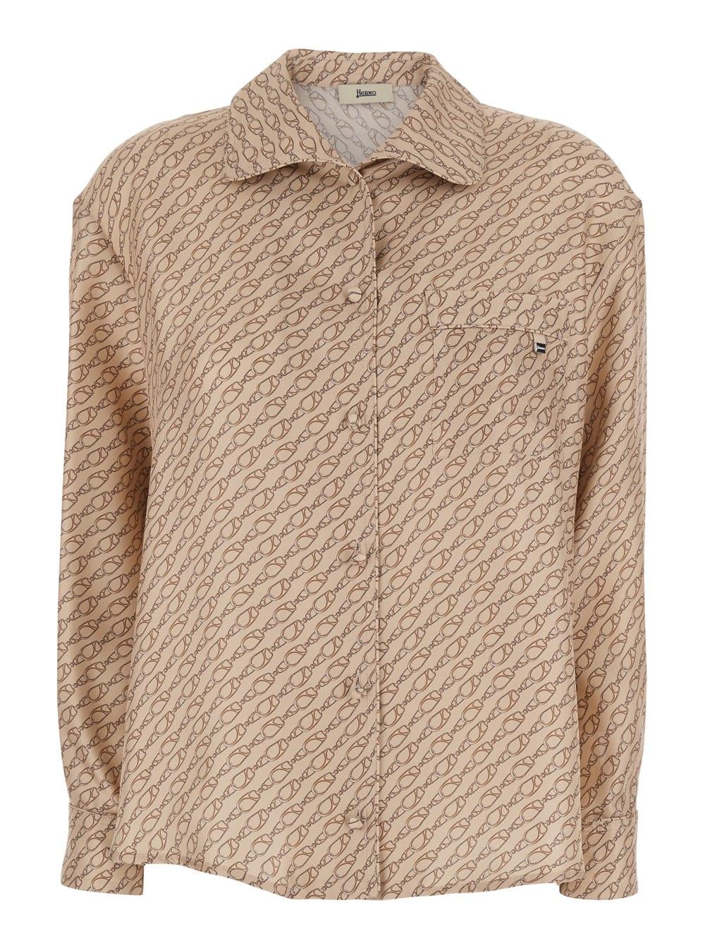 herno silk shirt with wide collar and all-over print beige women