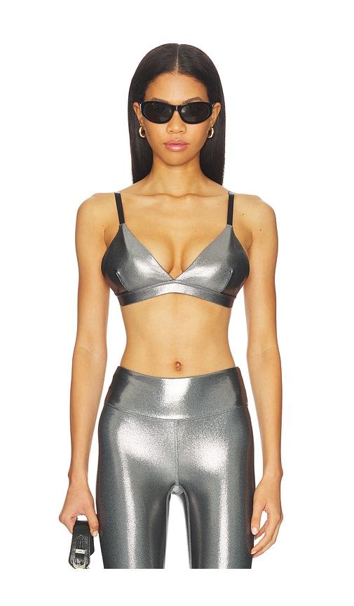 heroine sport luna sports bra in metallic silver.