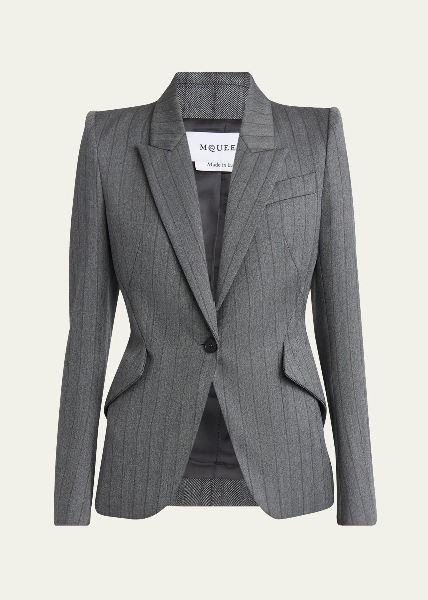 herringbone striped single-breasted blazer jacket