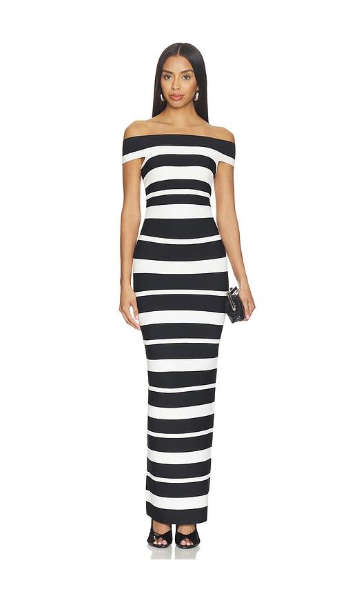 herve leger the kiva gown in black,white.