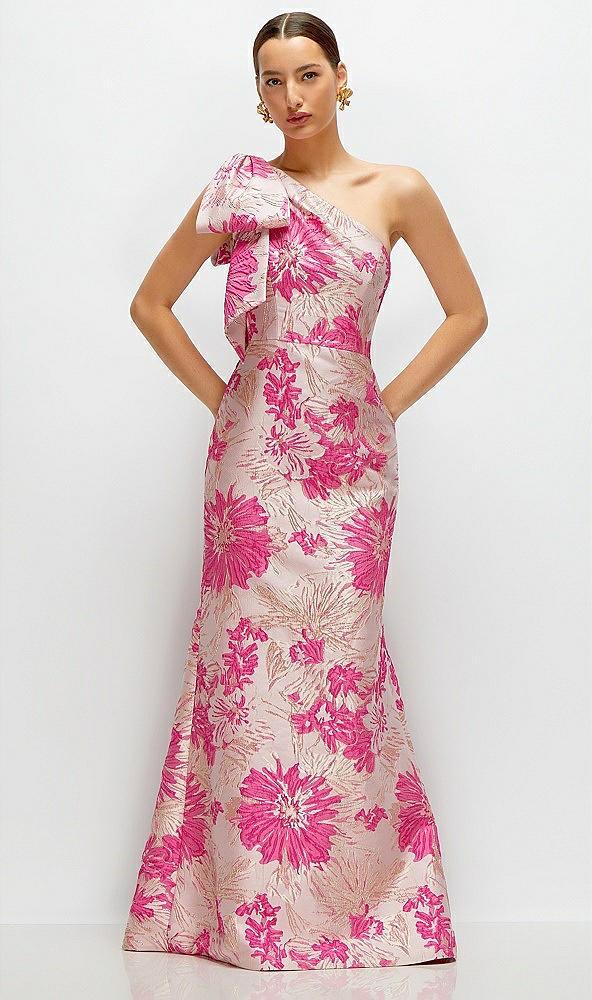 hibiscus pink bow one-shoulder floral jacquard maxi dress with trumpet skirt