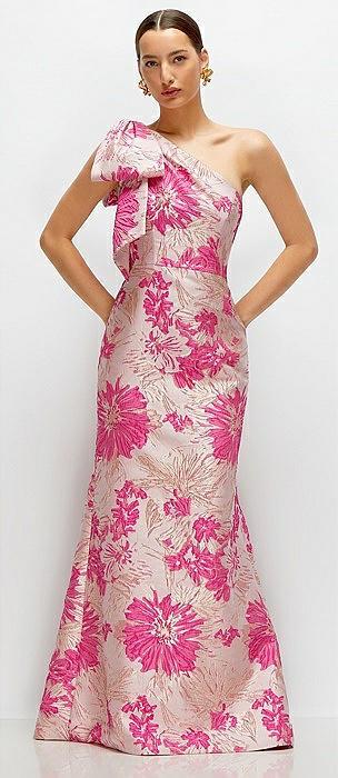 hibiscus pink bow one-shoulder floral jacquard maxi dress with trumpet skirt