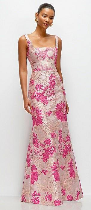 hibiscus pink floral jacquard square neck maxi dress with trumpet skirt