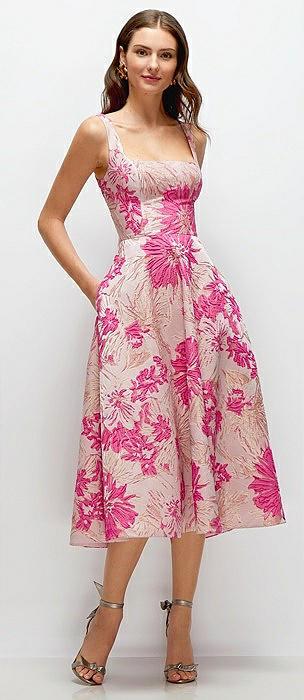 hibiscus pink square neck floral jacquard midi dress
