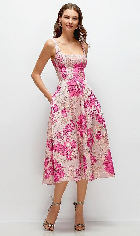 hibiscus pink square neck floral jacquard midi dress