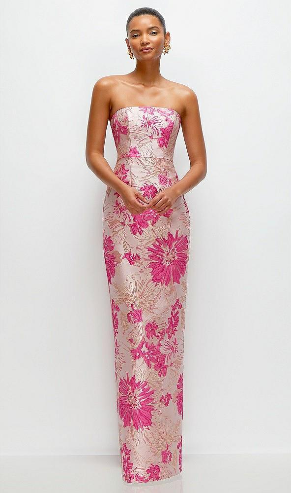 hibiscus pink strapless floral jacquard column dress with back slit