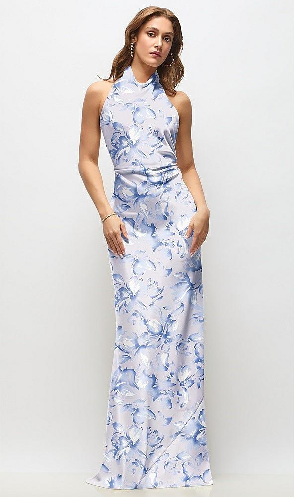 high cowl neck open-back floral stretch satin bias maxi dress