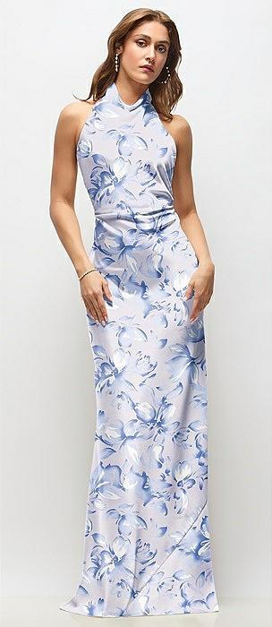 high cowl neck open-back floral stretch satin bias maxi dress