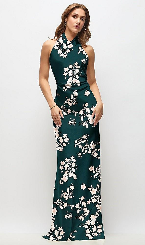 high cowl neck open-back floral stretch satin bias maxi dress