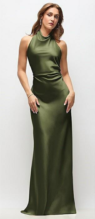 high cowl neck open-back stretch satin bias maxi dress