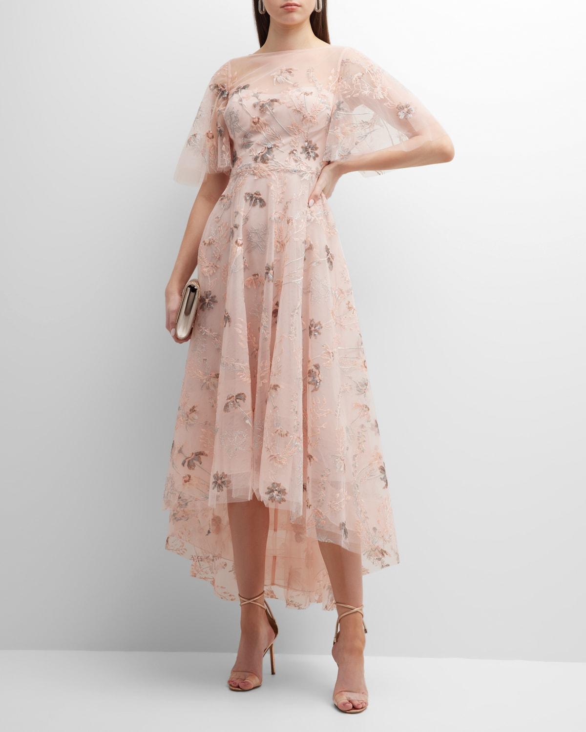 high-low floral-embroidered tulle gown