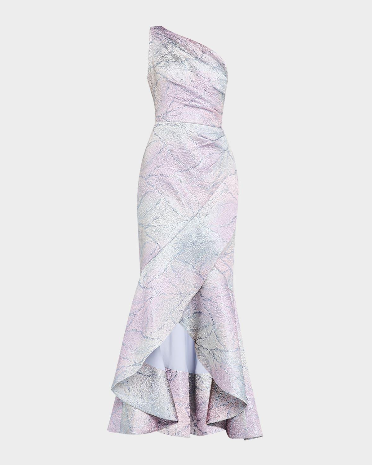 high-low metallic jacquard gown