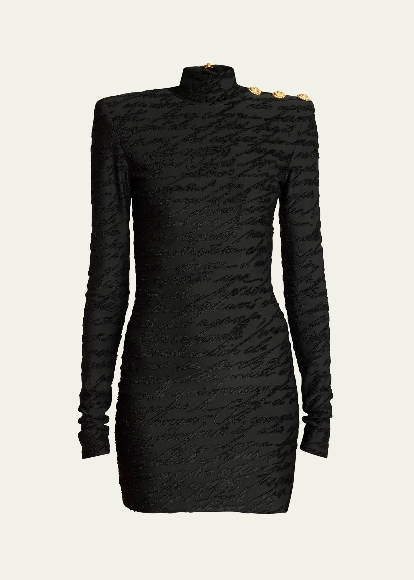 high neck body-con mini dress with shoulder buttons