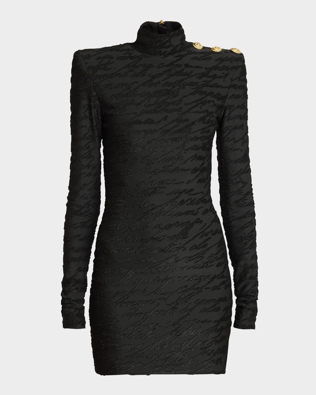 high neck body-con mini dress with shoulder buttons