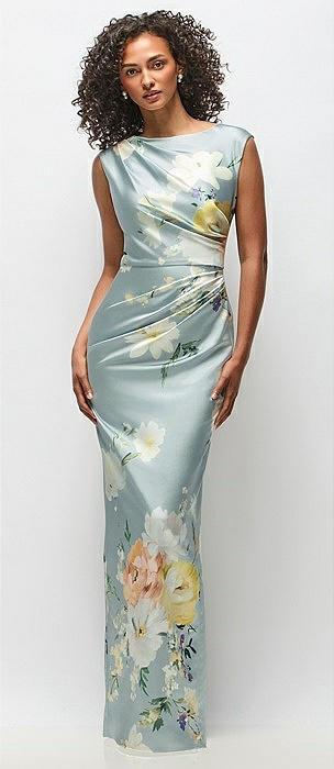 high neck cap shoulder painterly floral stretch satin column maxi dress