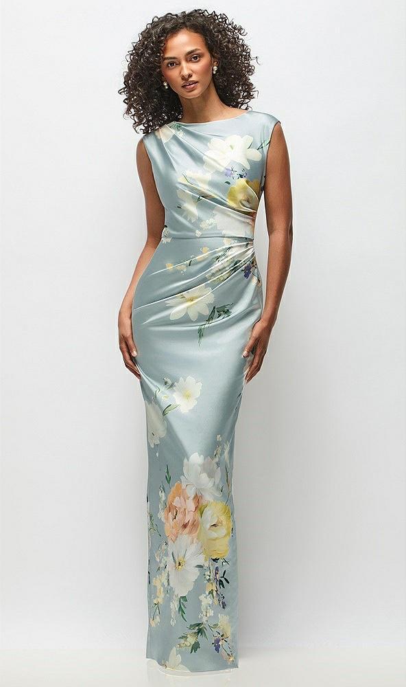 high neck cap shoulder painterly floral stretch satin column maxi dress