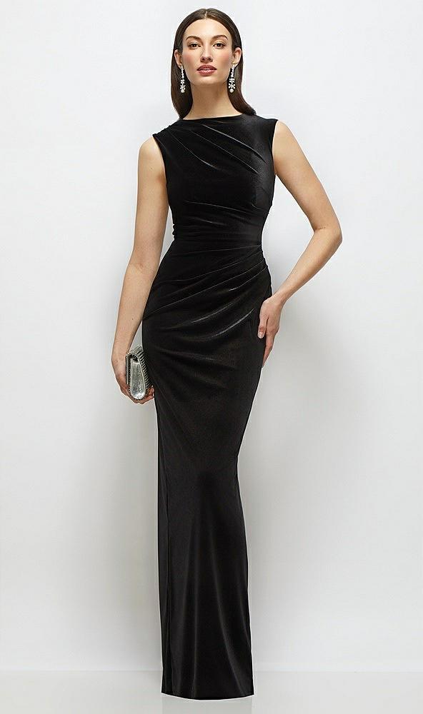 high-neck cap shoulder pleated bodice velvet column maxi dress