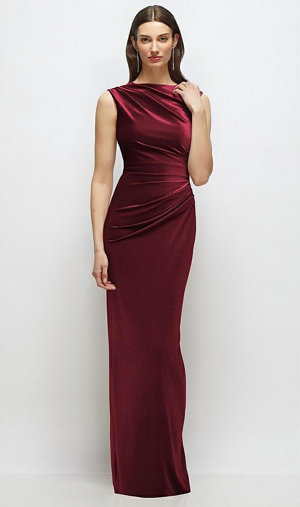 high-neck cap shoulder pleated bodice velvet column maxi dress